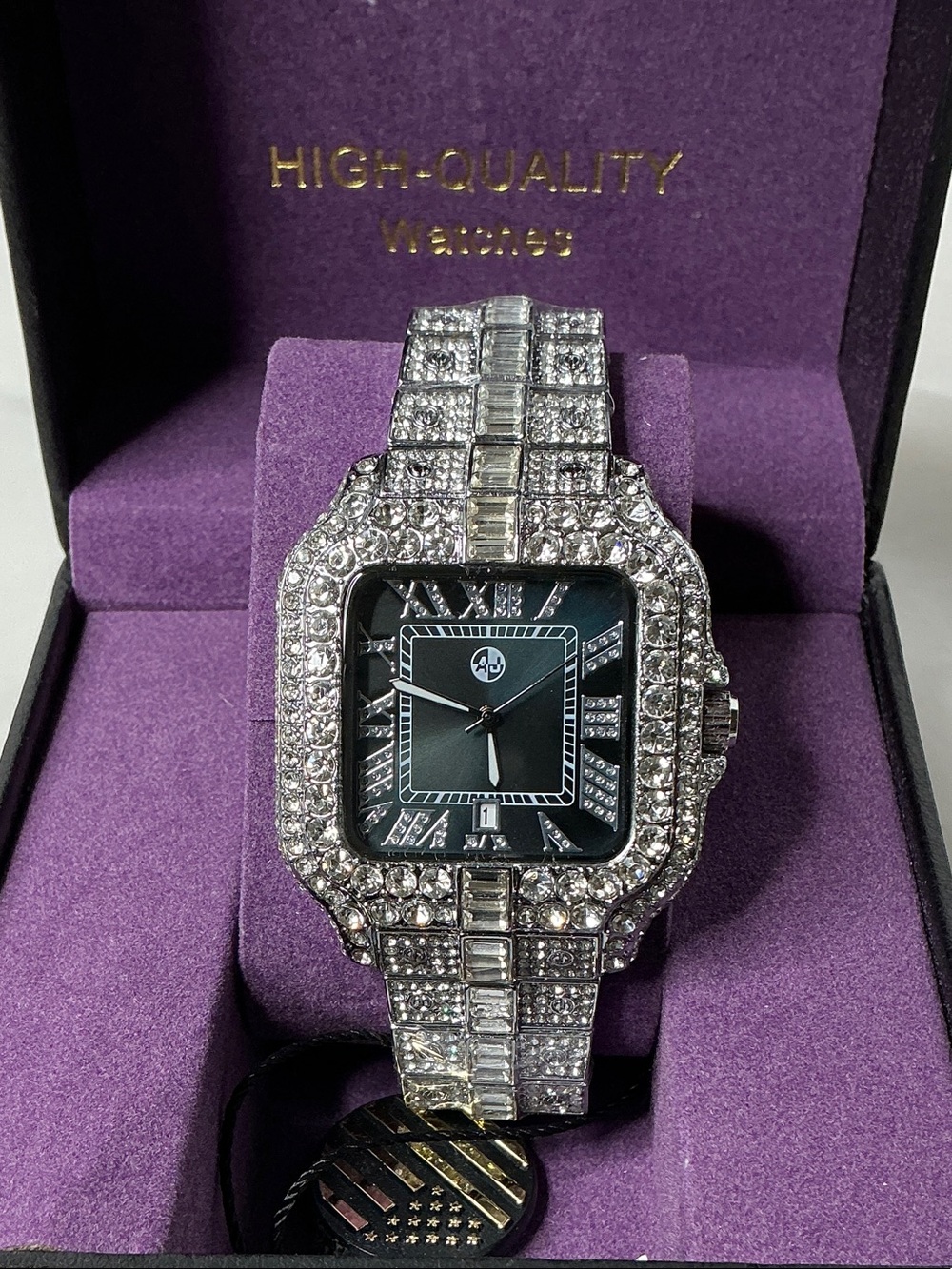 Men's Silver Crystal VVS CZ Bracelet Watch with Black Dial, With Box